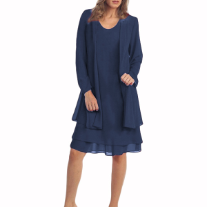 Elegant 2 Piece Chiffon Dress Set, Women Casual Long Sleeve Cardigan and Dress, Wedding Evening Party Outfit