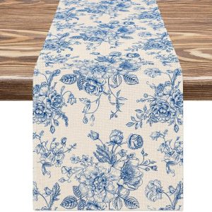 Elegant Chinoiserie Blue Floral Linen Table Runner for Dining & Home Decor
