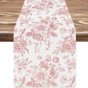 Elegant Chinoiserie Blue Floral Linen Table Runner for Dining and Home Decor