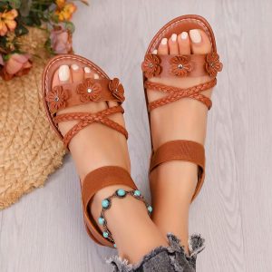 Elegant Floral Summer Flats - Fashionable Open-Toe Casual Sandals