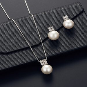 Elegant Imitation Pearl Pendant Women Necklace & Earring Stud Set, Snake Chain Square Metal Frame & Full Crystal Jewelry