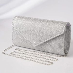 Elegant Silver Glitter Envelope Evening Bag - Shiny Ladies Chain Shoulder Bag for Weddings & Parties