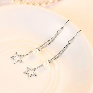 Elegant Tassel Pearl Earrings in Sterling Silver with Hollow Star Design