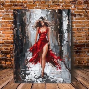Elegant Woman in Red Dress Framed Art | Vibrant Oil Painting Canvas Wall Decor