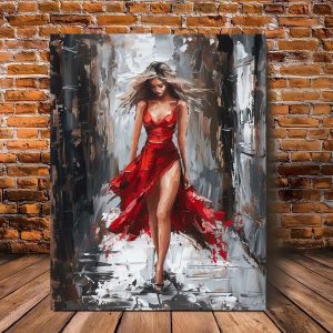Elegant Woman in Red Dress Framed Canvas Wall Art Modern Decorative Painting