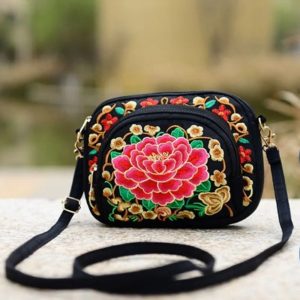 Ethnic Style Women Shoulder Bag, Vintage Zipper Floral Embroidered Travel Pouch