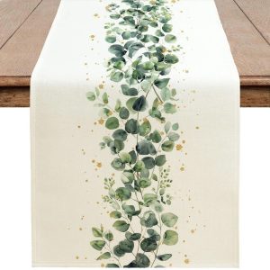 Eucalyptus Green Leaf Table Runner Botanical Linen Dining Table Decor