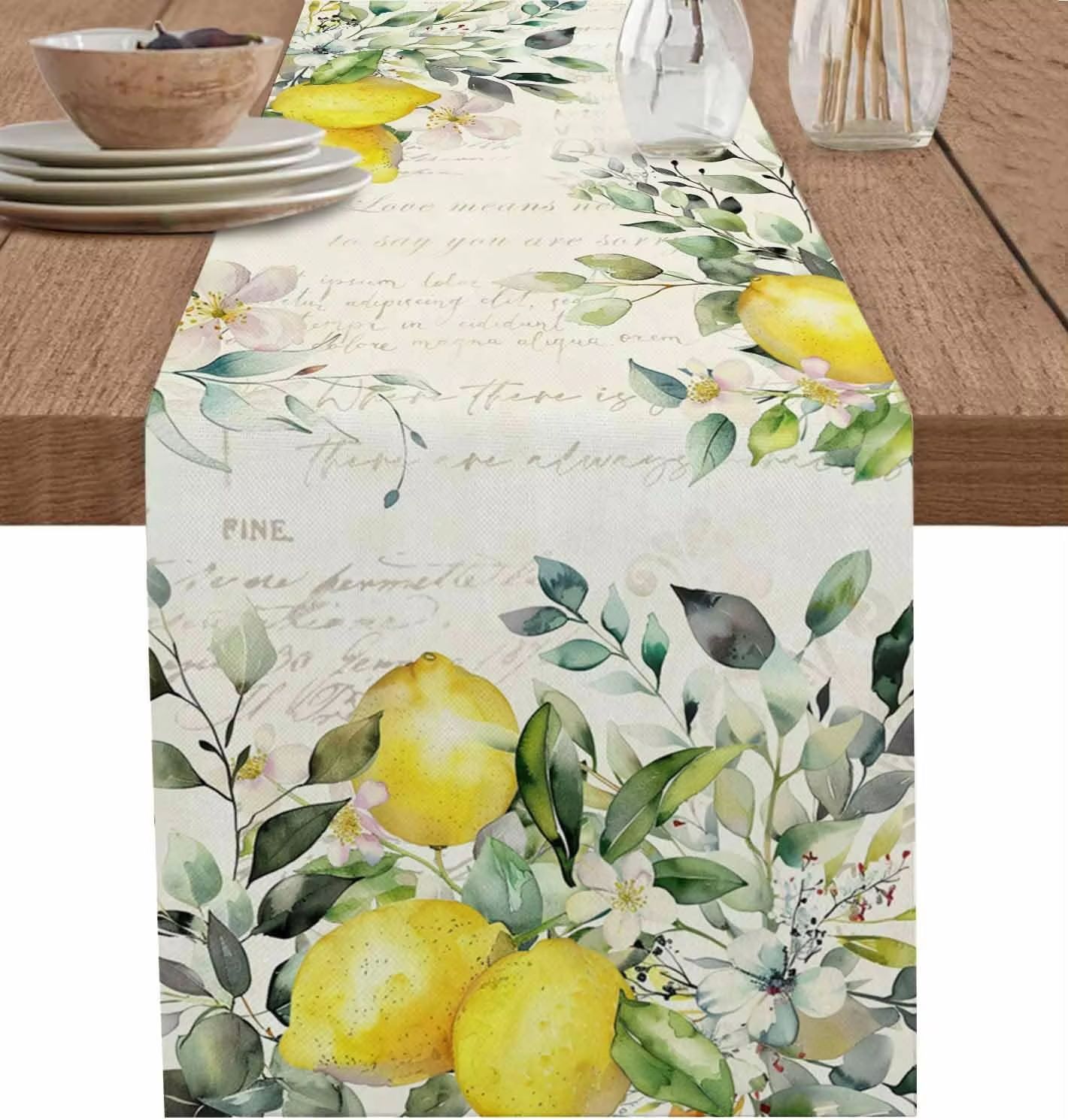 Eucalyptus Lemon Floral Linen Table Runner for Dining Table Decor