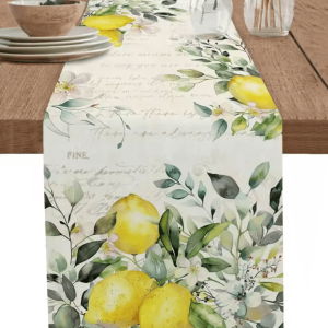 Eucalyptus Lemon Linen Table Runner - Fresh Botanical Farmhouse Dining Decor