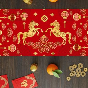EverFortune Chinese New Year Table Runner Linen Zodiac Horse Decor