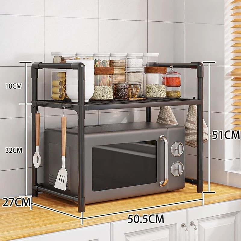 Expandable Microwave Shelf Organizer Adjustable Multi-Layer Kitchen Storage Rack with Hooks