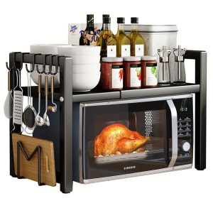 Expandable Microwave Shelf Rack with Hooks & Adjustable Kitchen Organizer