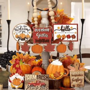 Fall Harvest Tiered Tray Decor Set - Farmhouse Pumpkin & Maple Leaf Wooden Centerpieces