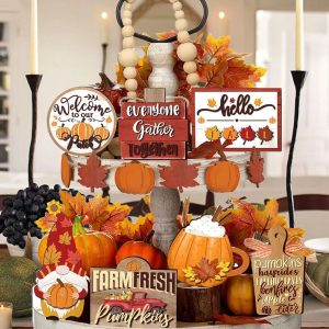 Fall Harvest Wooden Tiered Tray Decor Set for Farmhouse Autumn Display