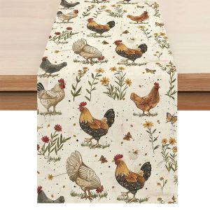 Farmhouse Rooster Linen Table Runner with Wildflower & Butterfly Design