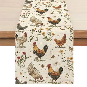 Farmhouse Rooster Wildflower Linen Table Runner Rustic Chicken Dining Decor