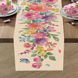 Floral Linen Table Runner with Butterfly Design for Elegant Dining Decor