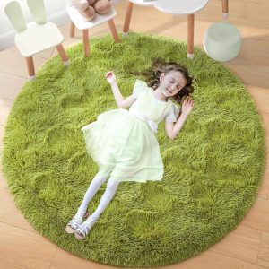 Fluffy Round Rug Black Shaggy Rug Soft Nursery Kids Room Carpet