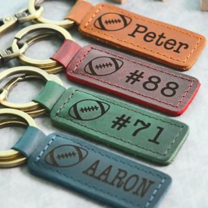 Football Personalized Keychain / Keyring / bag Tag / Name Tag - Leather Keychain