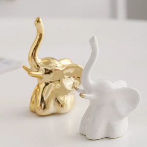 Gold and White Elephant Statues Set for Shelves and Modern Home Decor