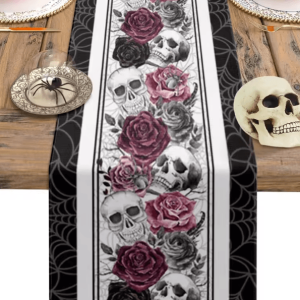 Gothic Skull Rose Crow Linen Table Runner - Halloween Party Dining Decor