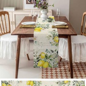 Green Eucalyptus Lemon Linen Table Runner - Seasonal Floral table runner for Dining & Holiday Decor