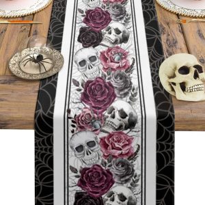 Halloween Gothic Skull & Crow Table Runner - Victorian Rose Linen Holiday Party Decor & Reusable Dining Table Runner