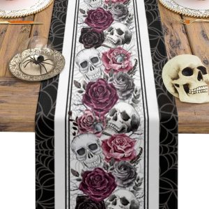 Halloween Skull Crow Linen Table Runner