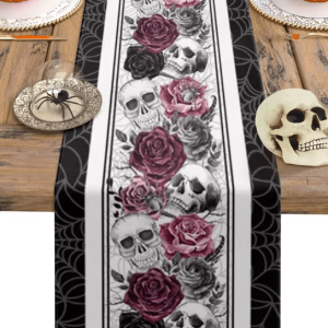 Halloween Skull Rose Gothic Linen Table Runner - Spooky Party Decor