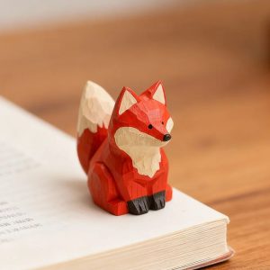 Hand-Carved Solid Wood Fox Figurine for Desk and Home Decor