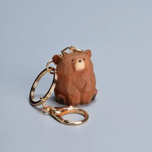 Hand-Carved Wooden Bear Keychain Cute Teddy Bear Bag Charm for Couples