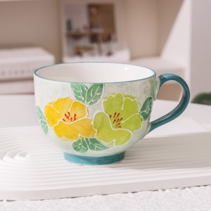 Hand Painted Floral Ceramic Mug Large Breakfast Cup for Tea Coffee and Oatmeal