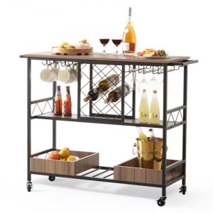 Industrial bar cart on wheels with Wine Rack & Glass Holder, Rolling Serving Trolley High lbs Capacity