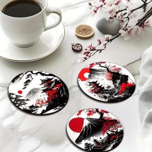 Japanese Landscape Wooden Coaster Set 6pcs Heatproof Non Slip Drink Coasters