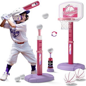 Kids Basketball Hoop Set with T Ball Trainer and Automatic Pitching Machine Toy for Toddlers
