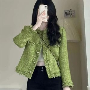 Korean Vintage Green Short Tweed Coat