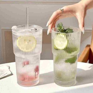 Large Capacity Transparent Glass Coffee Cup with Lid and Straw Reusable Juice & Iced Coffee Tumbler