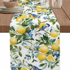 Lemon Tree Blue Bird Linen Table Runner Vintage Coastal Farmhouse Dining Decor