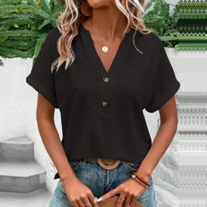 Loose Jacquard V Neck Button Down Blouse Oversized Summer Top