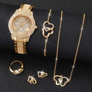 Luxury 6-Piece Full Diamond Watch & Heart Jewelry Set - Elegant Three-Eye Dial Timepiece and Matching Accessories for Wo