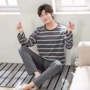 Men Striped Long Sleeve Pajama Set Spring Winter