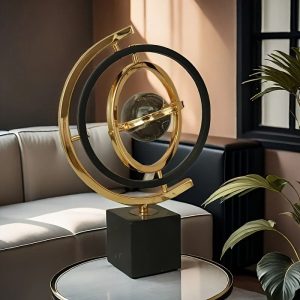 Modern Abstract Metal Globe Sculpture - Black & Golden Art Decor with Rectangular Base for Home, Office, & L