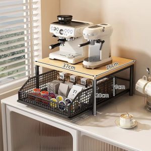 Modern Metal and Wood Microwave Rack Space Saving Kitchen Counter Organizer