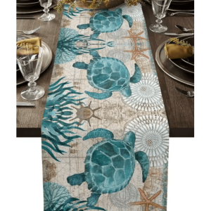 Nautical Sea Turtle & Starfish Linen Table Runner - Coastal Beach House Table Decor