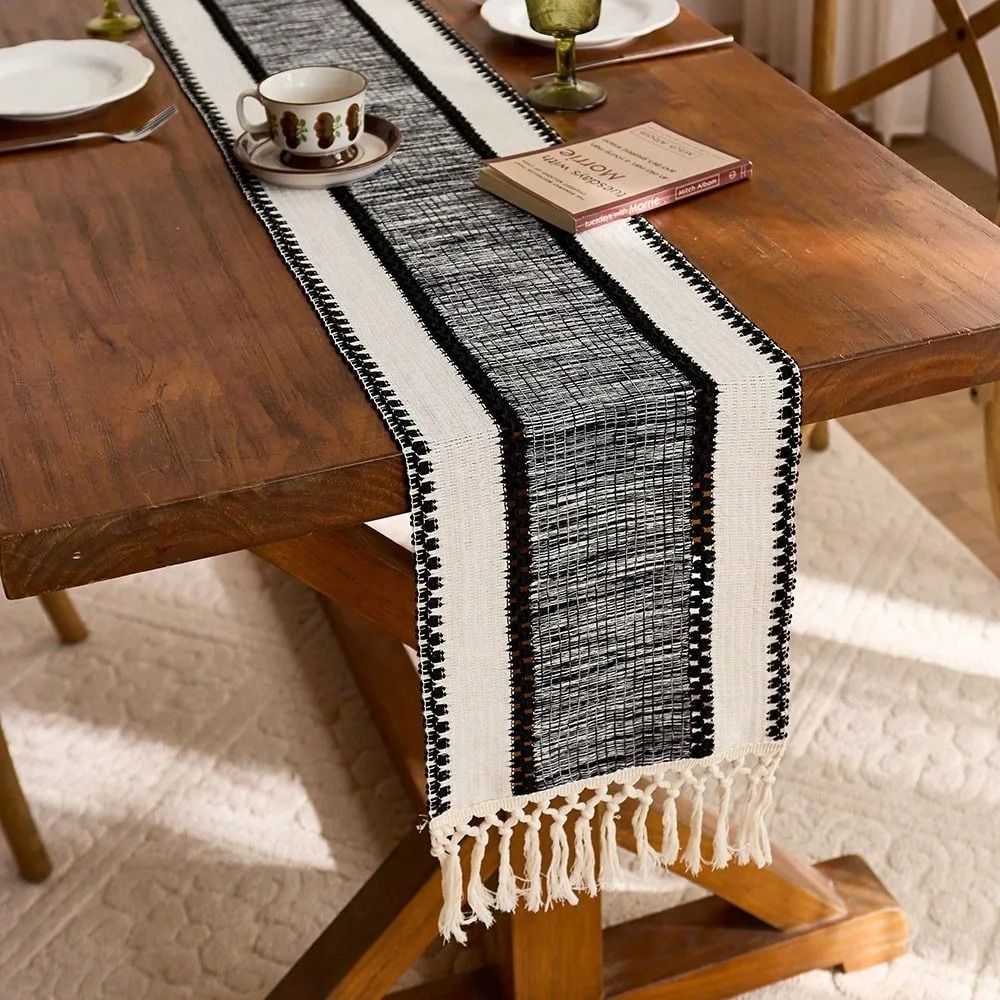 Nordic Boho Striped Green Hand-Woven Table Runner