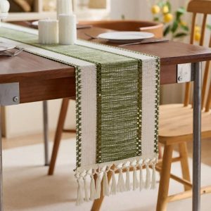 Nordic Boho Striped Green Table Runner | Hand-Woven Tassel Decor | Rustic Spring Home & Coffee Table Runner