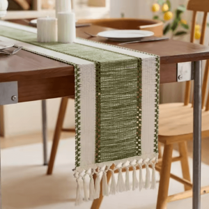 Nordic Boho Striped Green Table Runner - Handwoven Tassel Linen for Rustic & Modern Homes