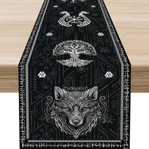 Norse Viking Raven Linen Table Runner Tree of Life Mythology Table Decor