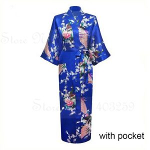 Peacock Print Satin Long Robe, Flower Kimono Bathrobe Gown for Women, Sleepwear Loungewear