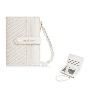 Pearl Chain Women Short Wallet Slim Compact Card Holder with Zipper Coin Pouch